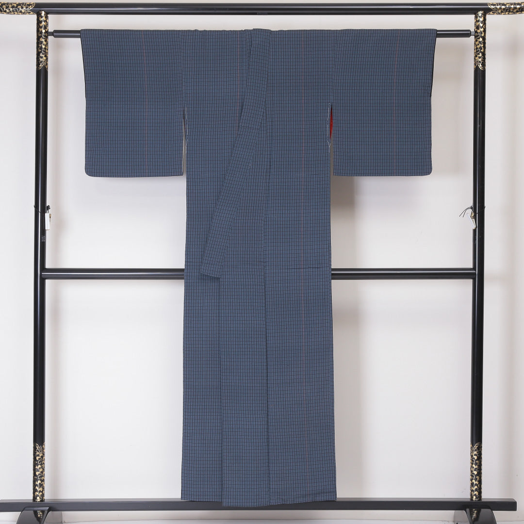 紬 袷 身丈151cm 裄丈62cm 正絹 Sランク Sサイズ バチ衿 カジュアル 格子 グレー系 1216-02077