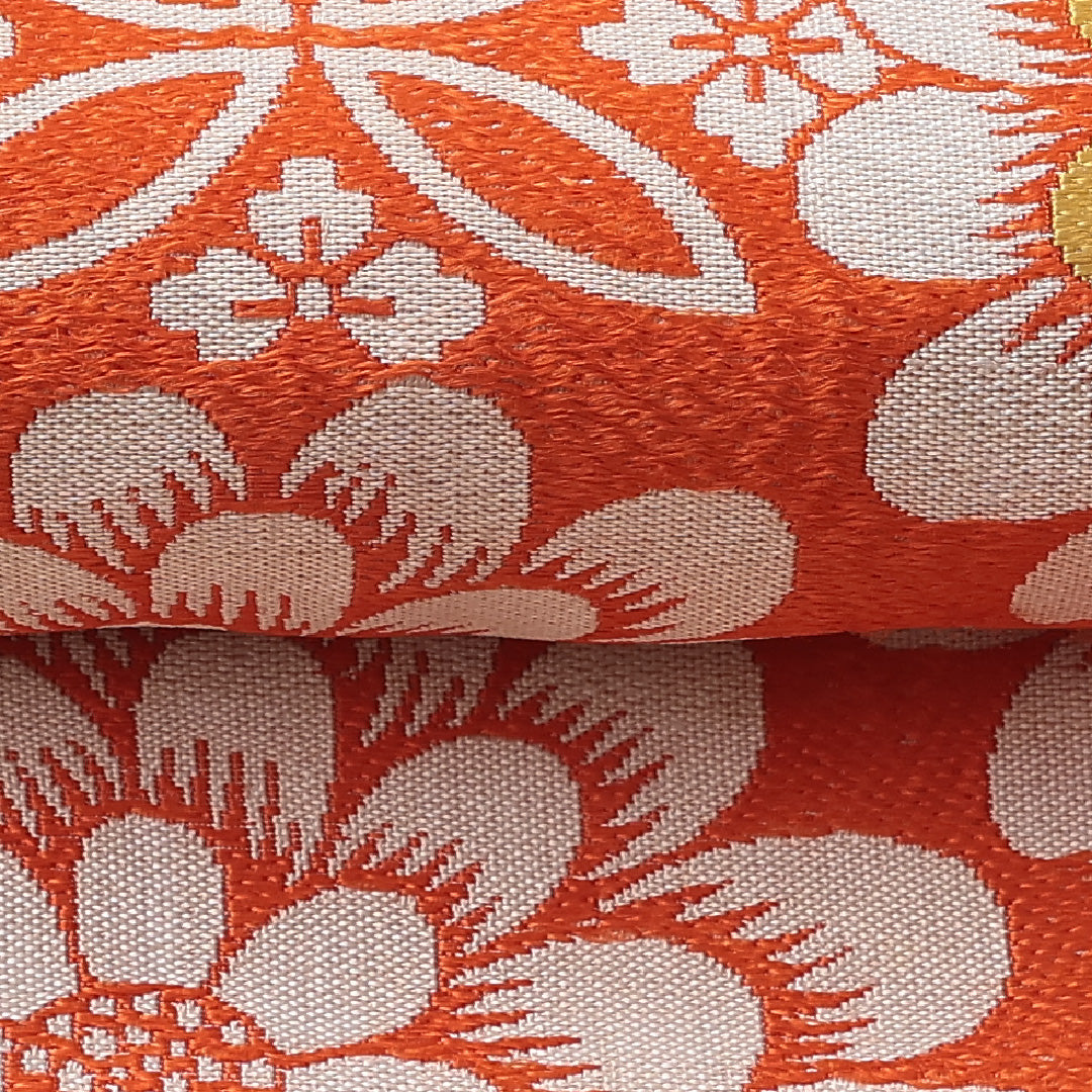 アンティーク 六寸帯 帯丈352cm 全通 小袋帯 七宝 菊 檜扇 正絹 クリーム系 Cランク 1225-000239