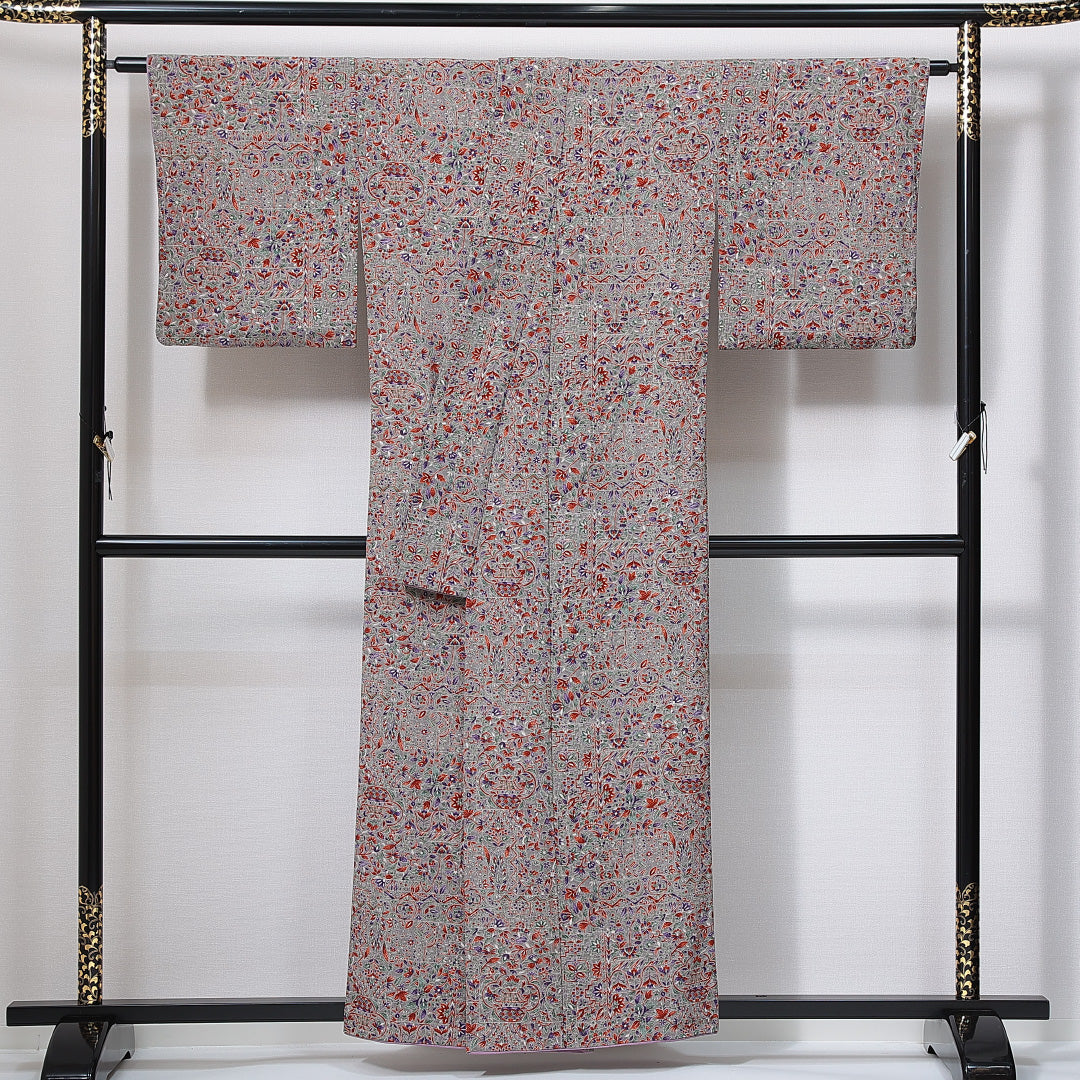 小紋 袷 身丈155cm 裄丈64cm 正絹 Aランク インフォーマル 広衿 Mサイズ 更紗 花柄 グレー系 RP 1221-14916