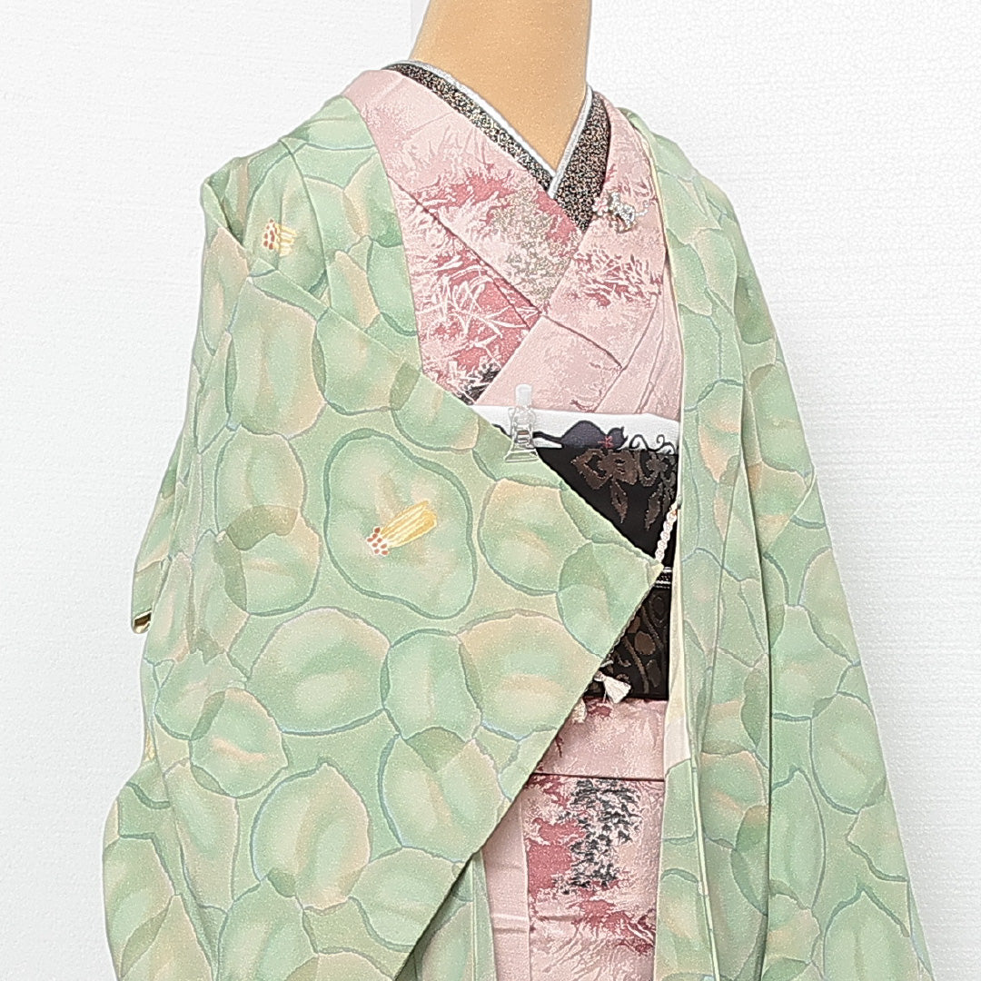 羽織 袷 身丈84cm 裄丈66cm 正絹 Sランク カジュアル Mサイズ 紐あり 花柄 緑系 RP 1232-13884