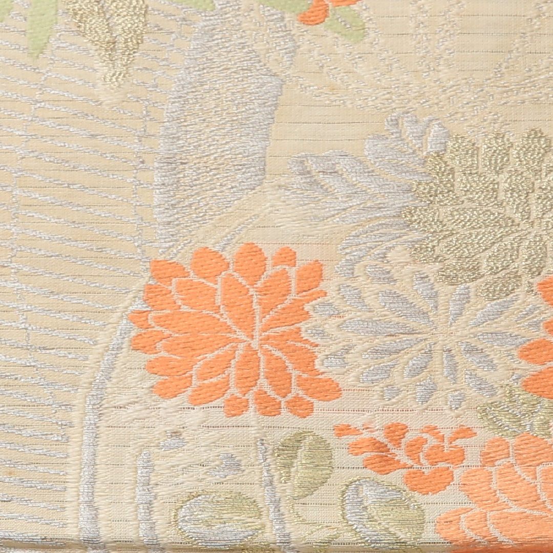 アンティーク 夏物 丸帯 帯丈412cm 正絹 六通 帯端のみ未仕立て 帯芯なし 朝顔 クリーム系 1242-01482