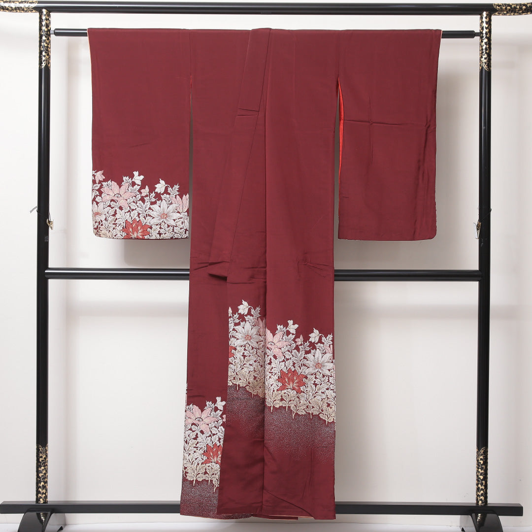 アンティーク 付下げ 袷 身丈155cm 裄丈62cm 正絹 Aランク バチ衿 Mサイズ 芙蓉 赤系 RP 1218-04578