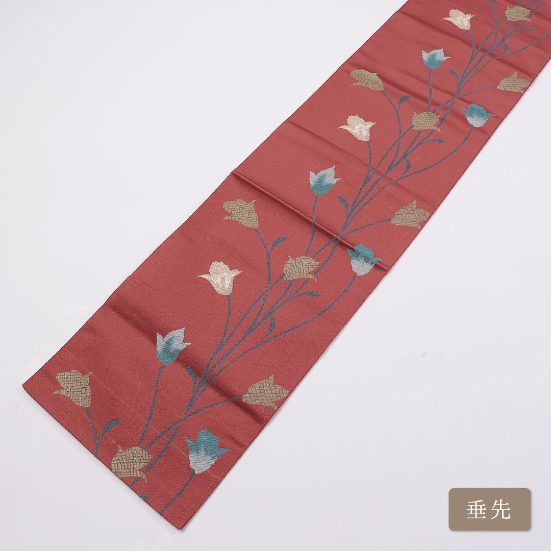 名古屋帯 帯丈350cm 六通 松葉仕立て Bランク カジュアル チューリップ 正絹 朱系 1224-00898