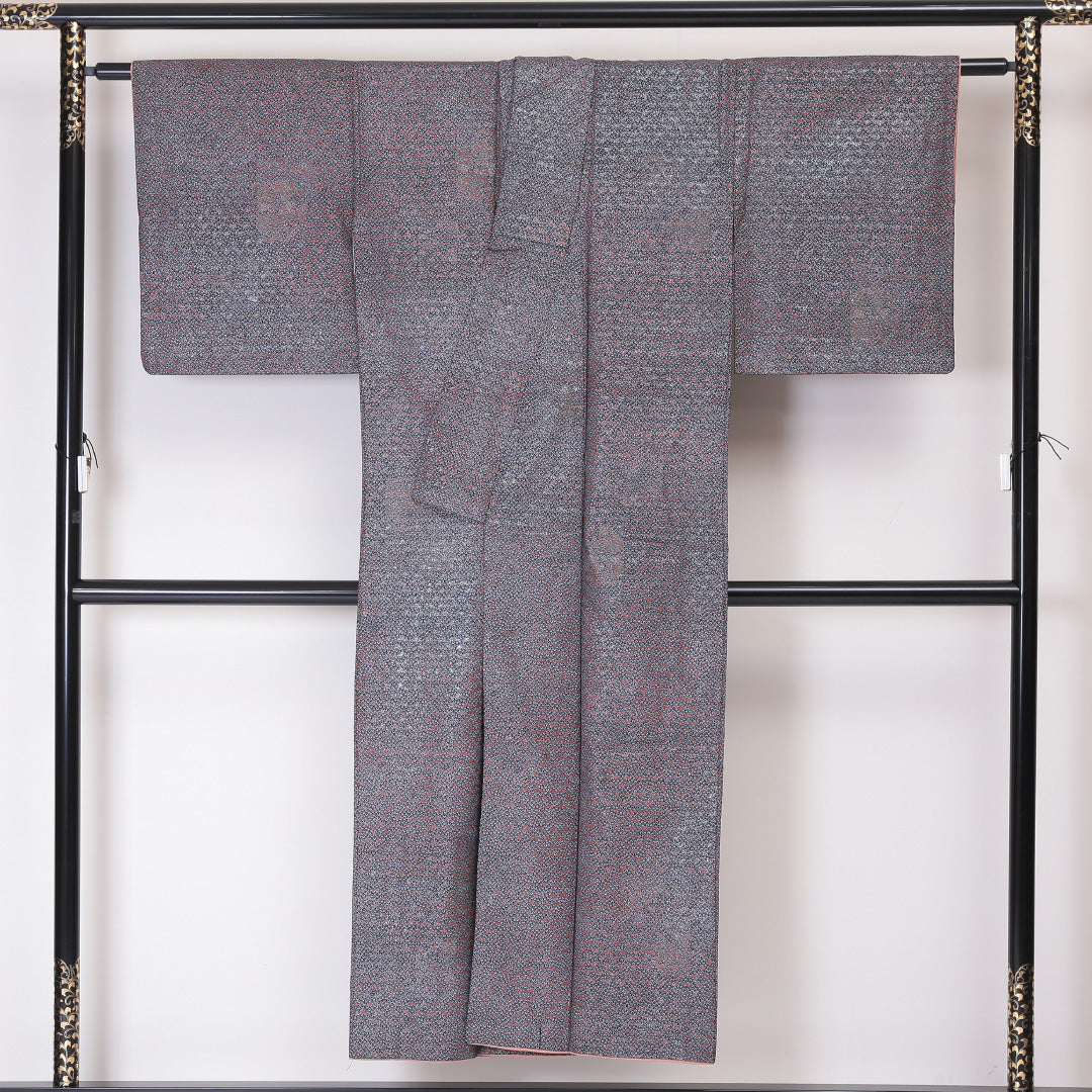 小紋 袷 身丈146cm 裄丈63cm 正絹 Sランク XSサイズ 広衿 インフォーマル 織り出し 笹 黒系 銀系 1215-02042