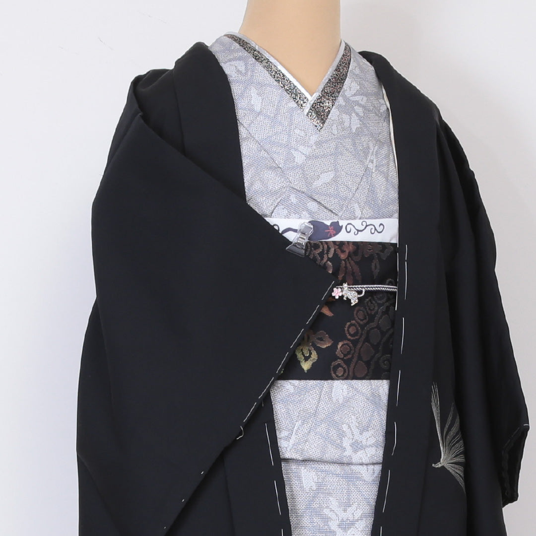 黒羽織 袷 身丈74cm 裄丈63cm 正絹 Aランク インフォーマル Sサイズ しつけ糸 松葉 黒系 RP 1233-05955