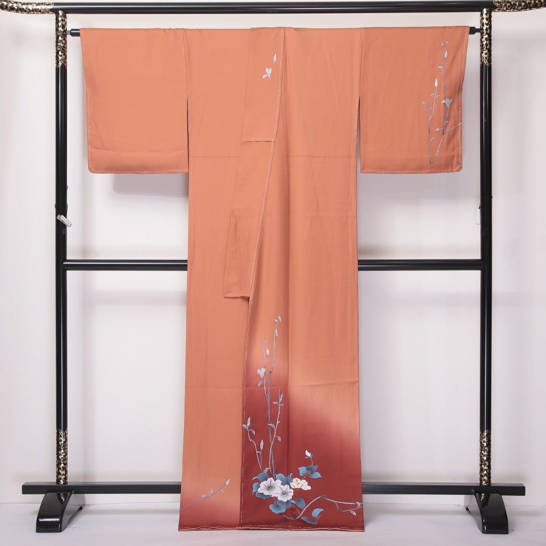 訪問着 袷 身丈170cm 裄丈67cm 正絹 Sランク セミフォーマル 広衿 2XLサイズ ぼかし染 金彩 芙蓉 茶系 RP 1217-04600