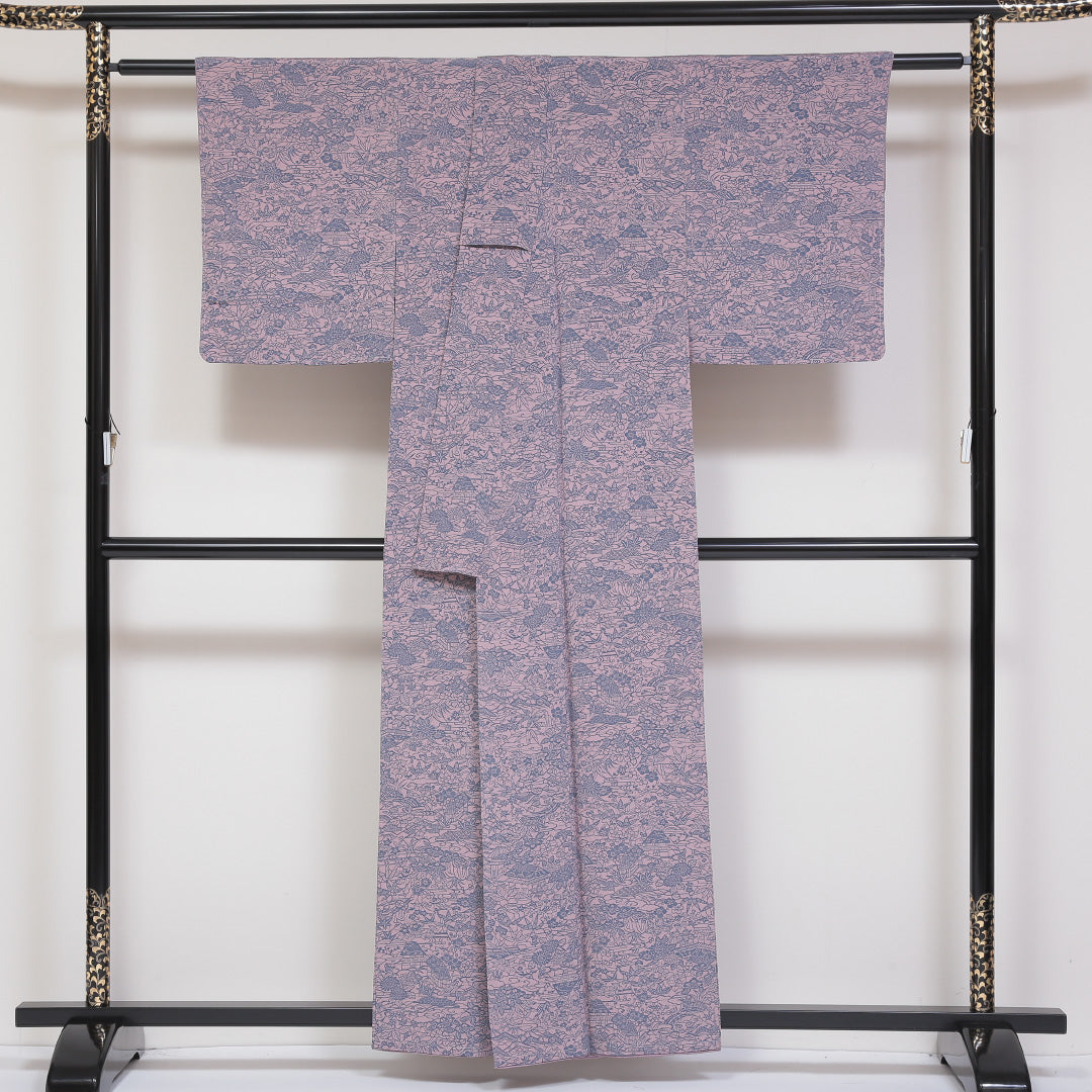 小紋 ちりめん 袷 身丈158cm 裄63cm ピンク系 茶屋辻 型染め 正絹 Sランク しつけ糸 1215-01770-2313