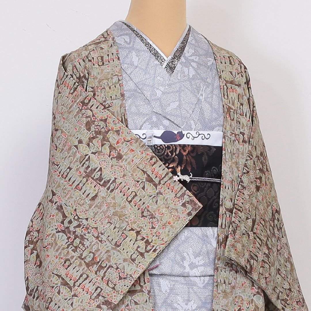 洗える着物 羽織 袷 身丈75cm 裄丈62cm ポリエステル Sランク カジュアル Sサイズ 幾何学柄 緑系 RP 1232-05936