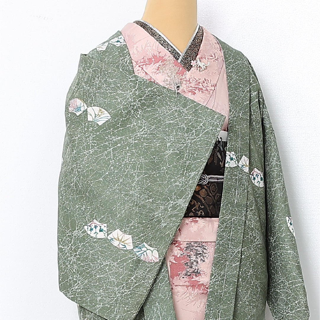 洗える着物 羽織 袷 身丈81cm 裄丈64cm ポリエステル Aランク カジュアル Mサイズ 扇 松竹梅 緑系 HP 1232-12796