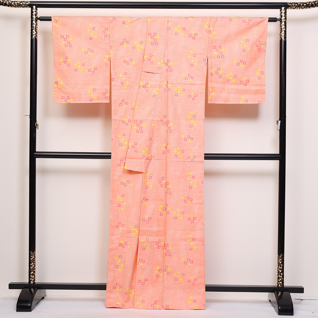 紬 単衣 身丈164cm 裄64cm 洗える着物 ポリエステル 小花 ピンク系 Sランク 1216-01302
