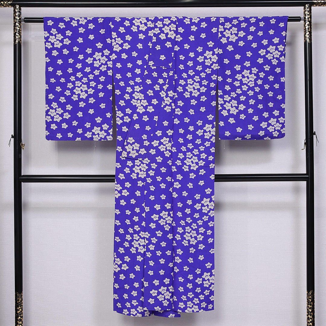 アンティーク 小紋 袷 身丈143cm 裄丈62cm 正絹 Aランク 広衿 XSサイズ 居敷当て 桔梗 青系 HP 1221-10931