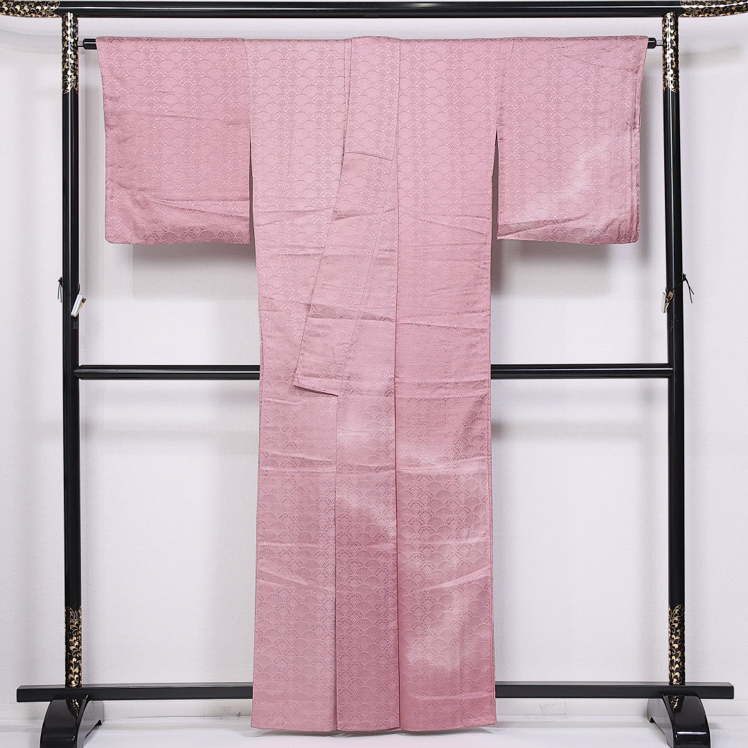 色無地 身丈161cm 裄丈65.5cm L 正絹 Sランク 袷 広衿 青海波 地紋あり 1214-10965