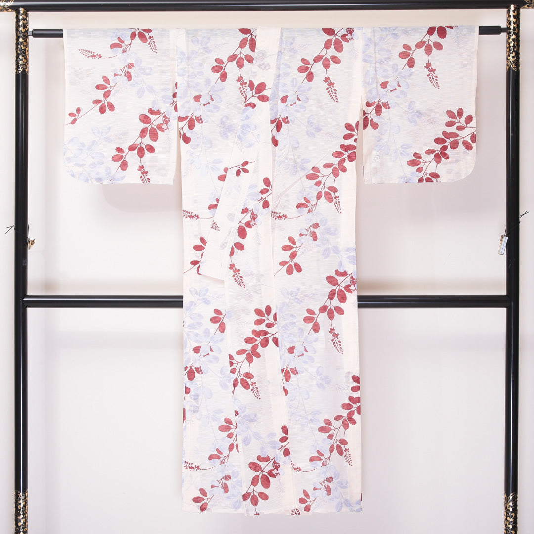 小紋 絽 身丈138cm 裄64cm 麻 洗える着物 萩 居敷当て 白系 Sランク 1215-02269