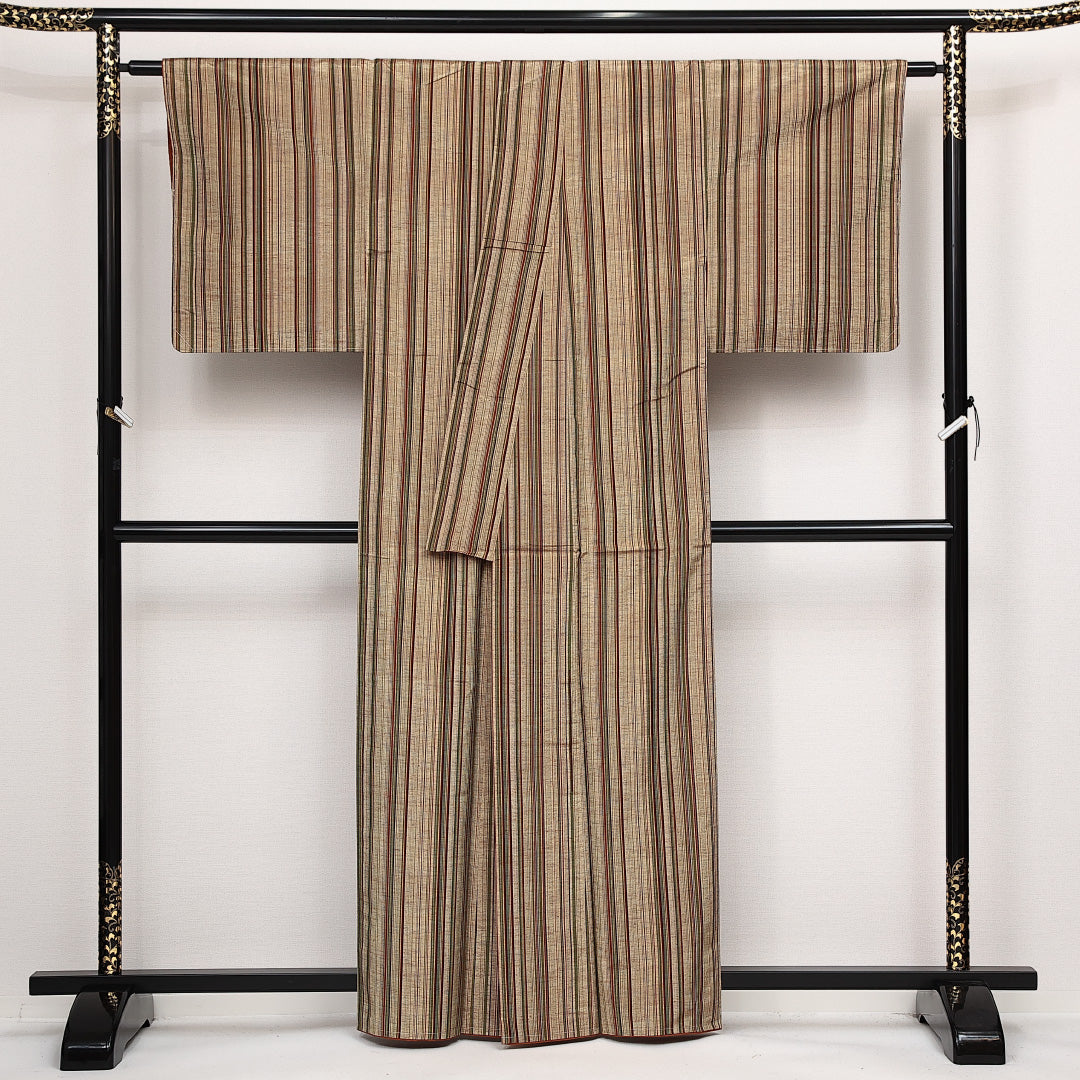 上田紬 袷 身丈160cm 裄丈63cm 正絹 Aランク カジュアル 広衿 Lサイズ 縞 茶系 HP 1223-14106