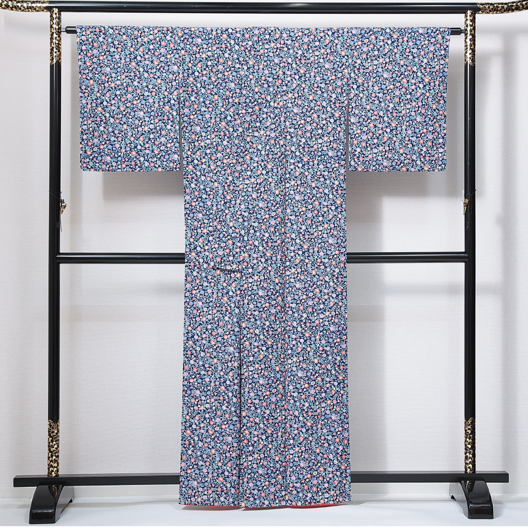 洗える着物 小紋 袷 身丈160cm 裄丈65cm ポリエステル Sランク インフォーマル 広衿 Lサイズ 花柄 紺系 RP 1221-14921