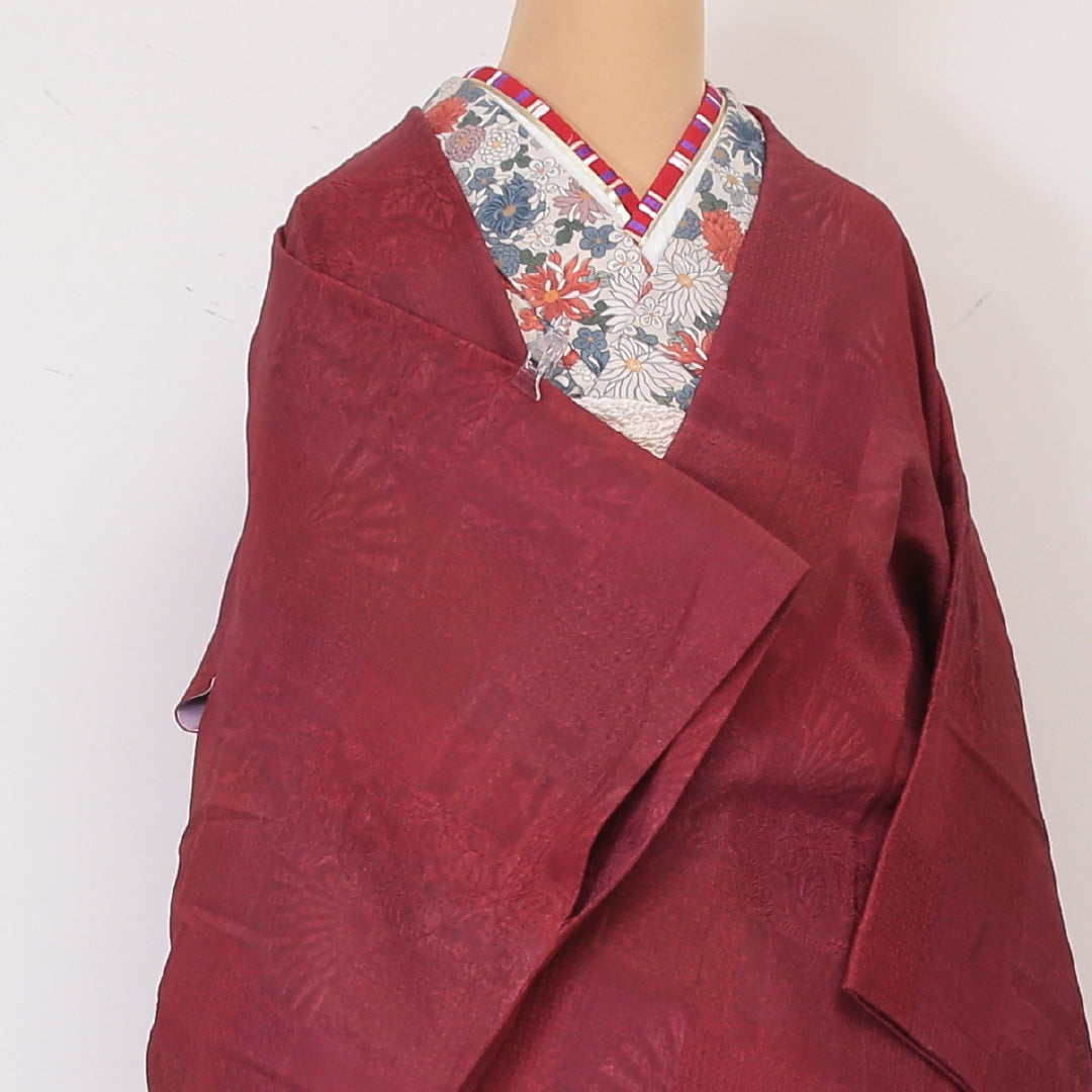 道中着 袷 身丈85cm 裄丈63cm 正絹 Aランク Sサイズ カジュアル ふくれ織 市松 赤系 1264-05748