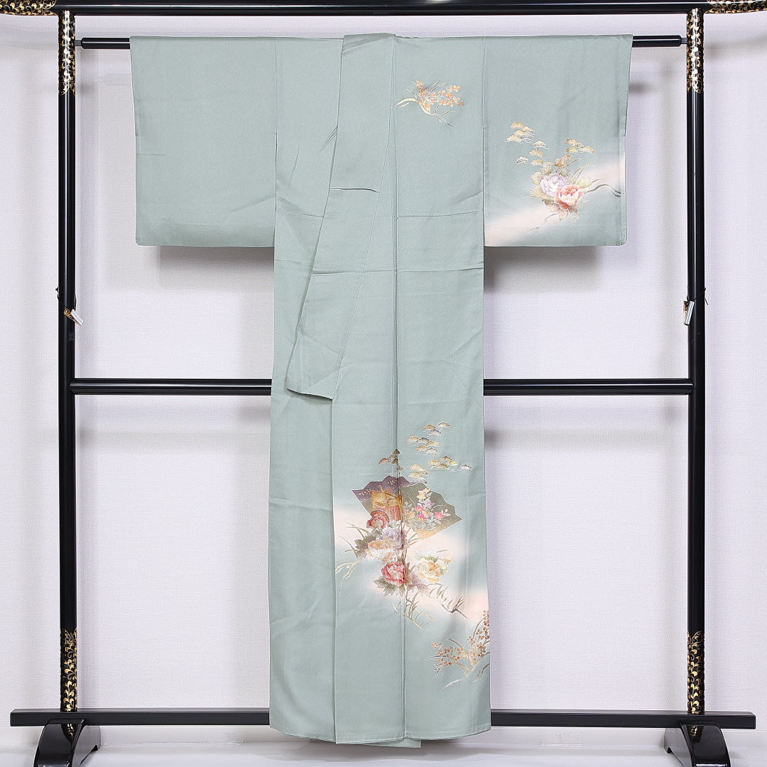 訪問着 身丈155cm 裄丈62cm 正絹 Sランク 袷 広衿 笠松 扇子 牡丹 御所車 1212-10224