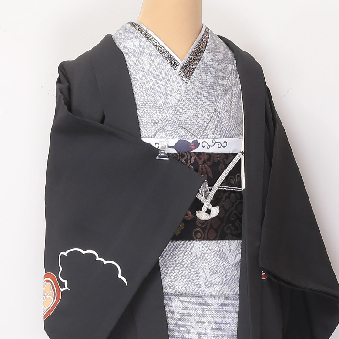 黒羽織 身丈78cm 裄丈62cm S 正絹 絵羽羽織 紐あり 丸文 抱き名荷 雲取 一つ紋 黒系 Bランク 1217-00763
