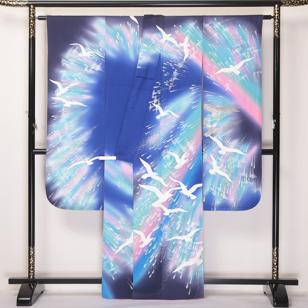 振袖 身丈162cm 裄丈65cm Aランク 袷 正絹 広衿 金彩 尾長鳥 モダン 1213-F0069