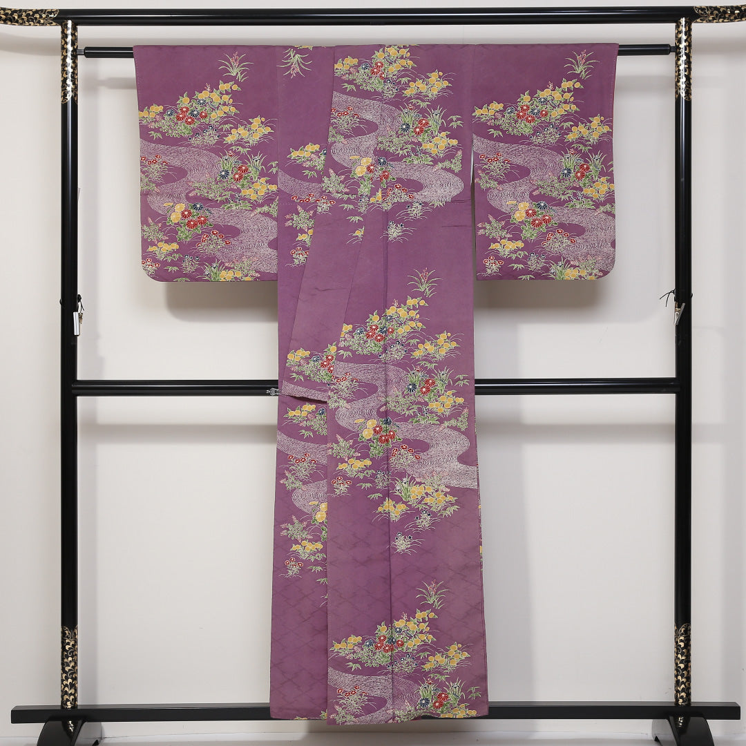 小紋 袷 身丈154cm 裄丈62cm 正絹 Aランク インフォーマル 広衿 Sサイズ 花柄 笹 紫系 RP 1221-01665