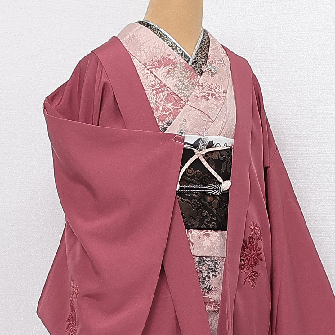 羽織 袷 身丈76cm 裄丈64cm 正絹 Sランク カジュアル Mサイズ オーガンジー 刺繍 紐あり 菊 ピンク系 RP 1232-13854
