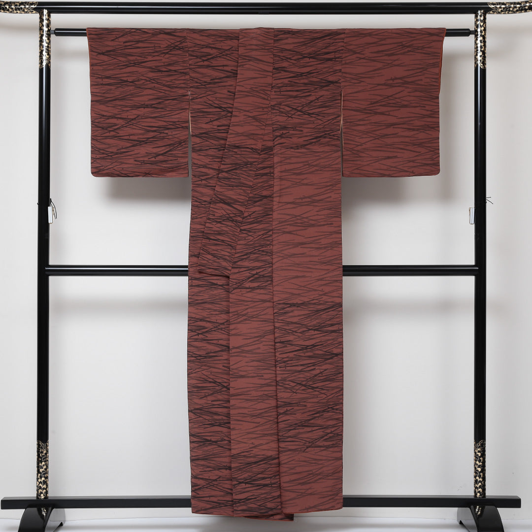 小紋 袷 身丈155cm 裄丈63cm 正絹 Sランク インフォーマル 広衿 Mサイズ 創作柄 茶系 RP 1221-01591