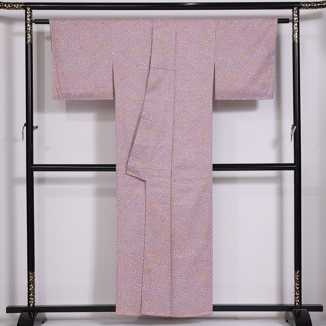 小紋 袷 身丈155cm 裄丈61cm 正絹 Sランク インフォーマル 広衿 Mサイズ 植物柄 紫系 RP 1221-02470