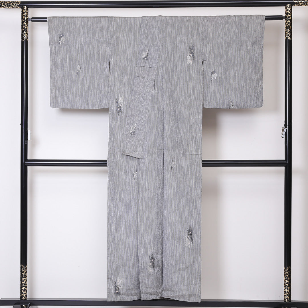 お召 袷 身丈151cm 裄丈63cm 正絹 Aランク インフォーマル 広衿 Sサイズ 創作柄 グレー系 RP 1222-03281