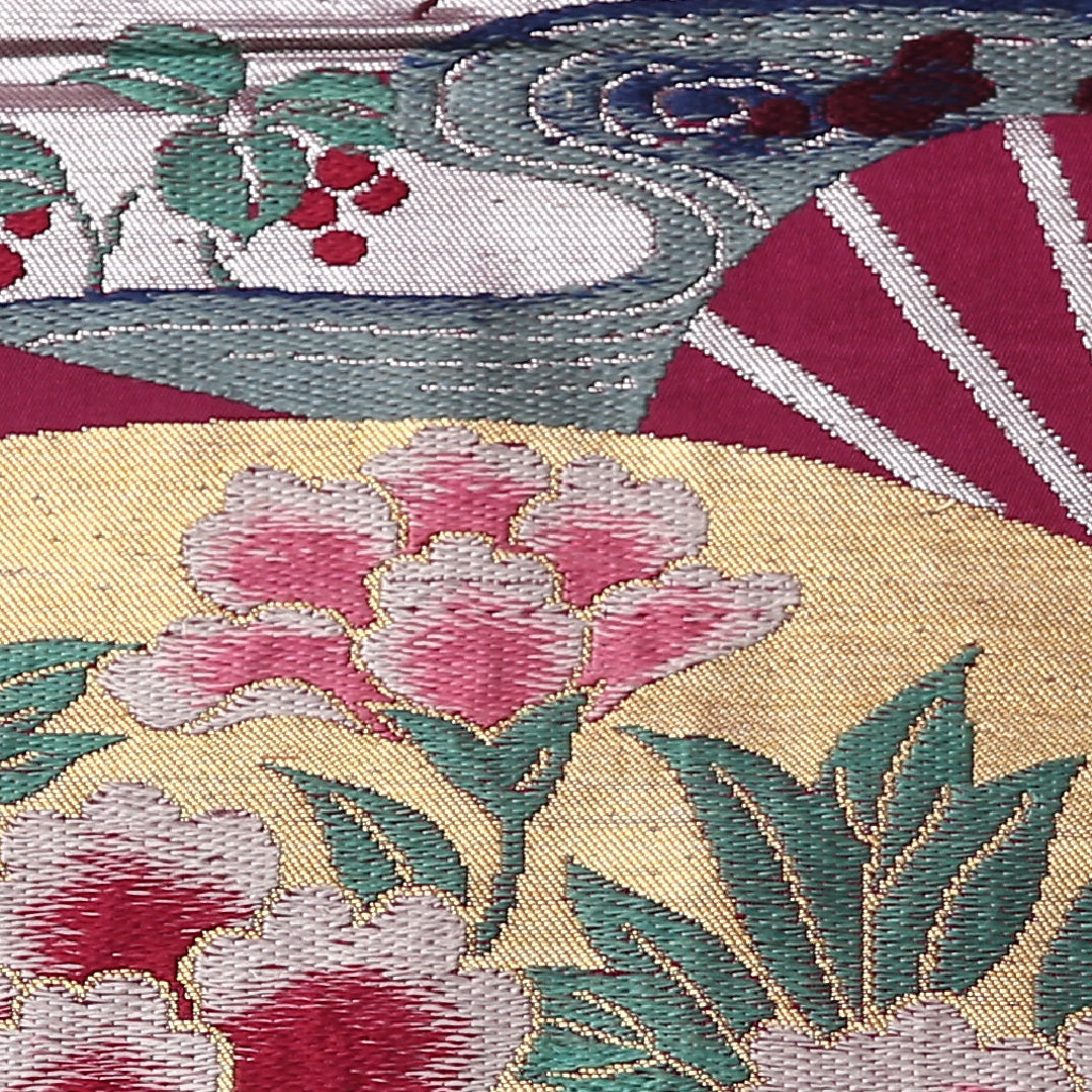 アンティーク 九寸名古屋帯 Aランク 帯丈342cm 正絹 六通 名古屋仕立て 織り 花扇 紫系 M4 1245-02735