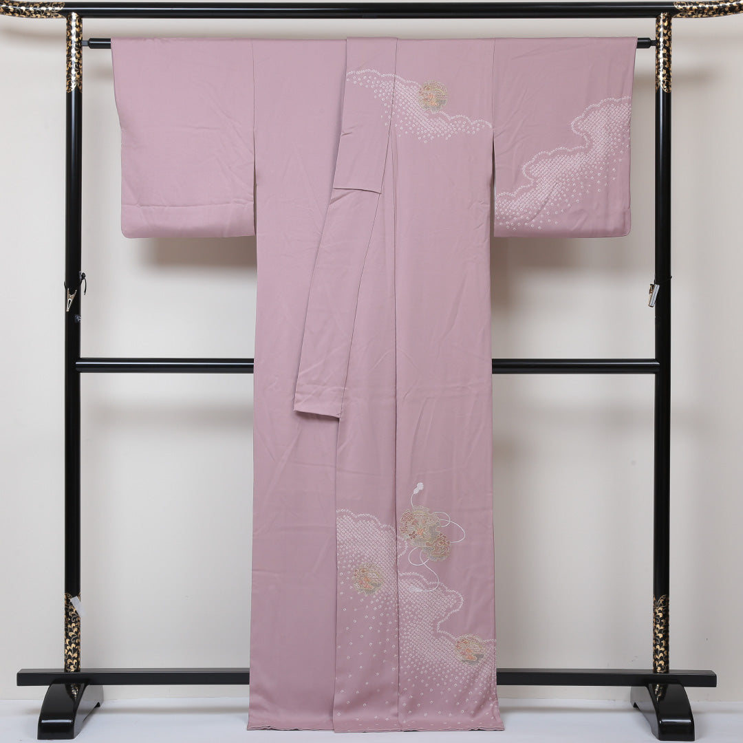 訪問着 袷 身丈165cm 裄丈64cm 正絹 Aランク セミフォーマル 広衿 XLサイズ 絞り 汕頭刺繍 雪輪 牡丹 ピンク系 PO 1217-04316