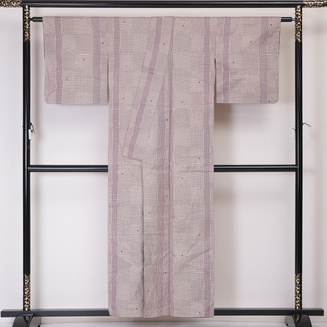 紬 袷 身丈154cm 裄丈64cm 正絹 Aランク カジュアル 広衿 Sサイズ 格子 紫系 RP 1223-03379