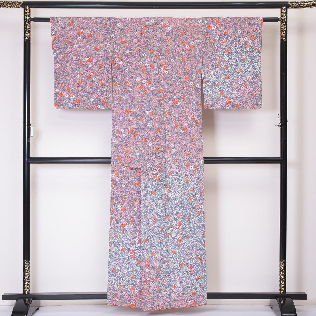 小紋 袷 身丈157cm 裄64cm 正絹 ボタニカル 訪問着 ピンク系 ちりめん Sランク 1215-02128-2313