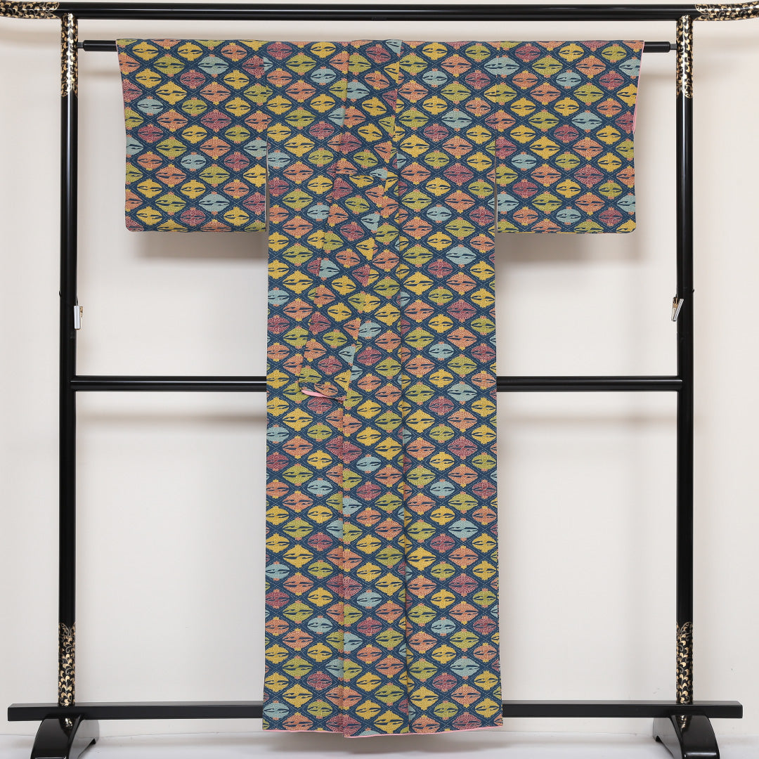 小紋 袷 身丈157cm 裄丈63cm 正絹 Aランク インフォーマル 広衿 Mサイズ 向かい鳥 青系 RP 1221-01626