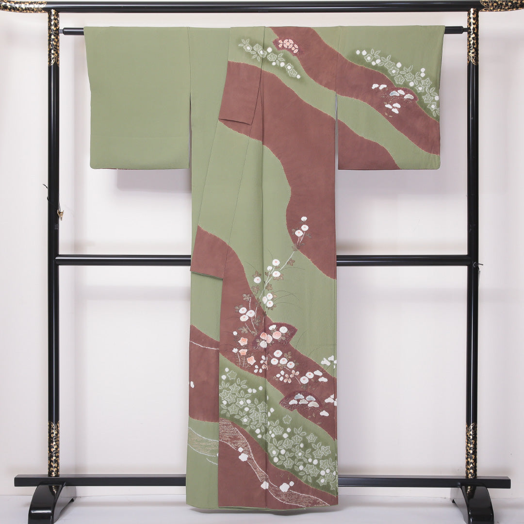 訪問着 袷 身丈161cm 裄丈68cm 正絹 Aランク セミフォーマル 広衿 Lサイズ 十日町 滝泰 琳派 絞り 金彩 作家物 落款 花柄 緑系 RP 1217-04602
