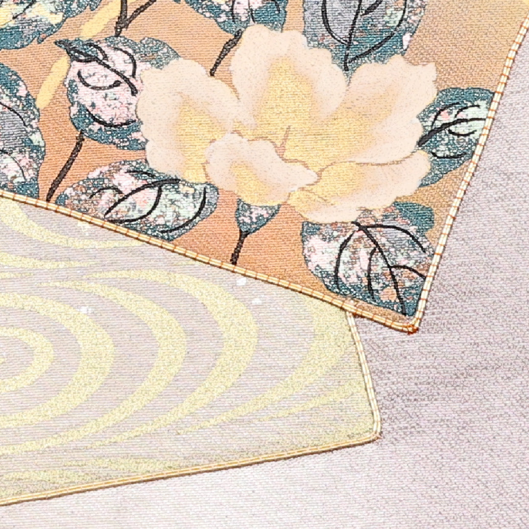 名古屋帯 帯丈338cm ポイント柄 名古屋仕立て Bランク セミフォーマル 金駒刺繍 引箔 金彩 牡丹 クリーム系 正絹 銀系 1224-00999