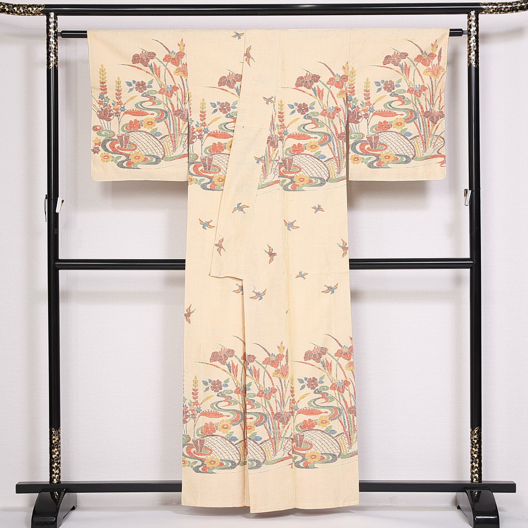 紬 身丈158cm 裄丈63.5cm Cランク 袷 正絹 広衿 付下げ 菖蒲 桐 鳥 真綿紬 1216-10104