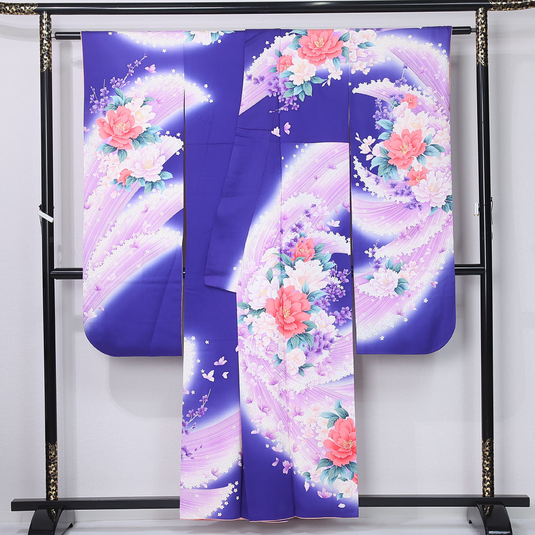 振袖 身丈157cm 裄丈63cm Cランク 袷 正絹 L 広衿 エレガント 牡丹 花柄 友禅 紫系 1213-F0440