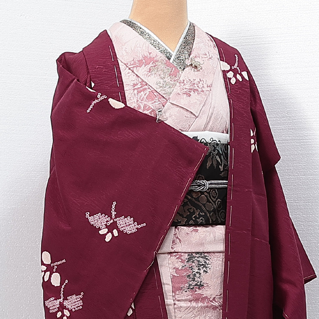 羽織 袷 身丈79cm 裄丈64cm 正絹 Aランク カジュアル Mサイズ 植物柄 赤系 HP 1232-14717