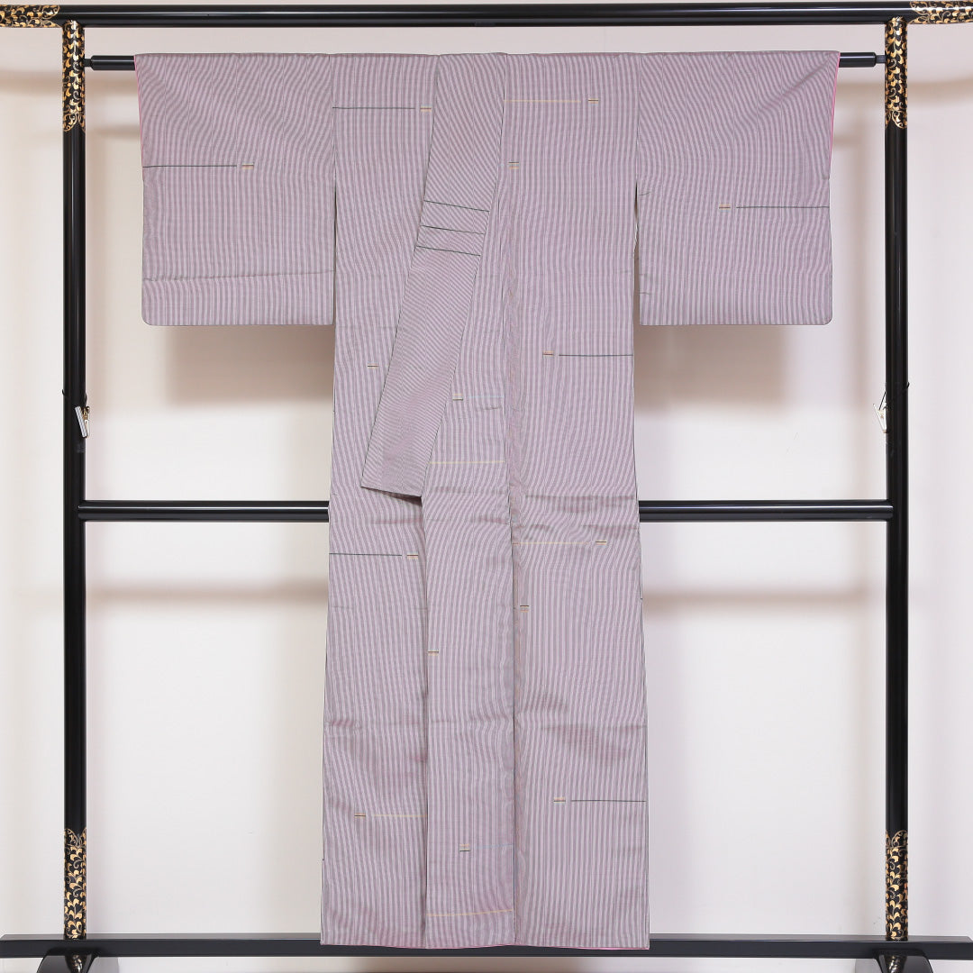 紬 袷 身丈152cm 裄丈65cm 正絹 Bランク Sサイズ 広衿 カジュアル 創作柄 紫系 1216-03176