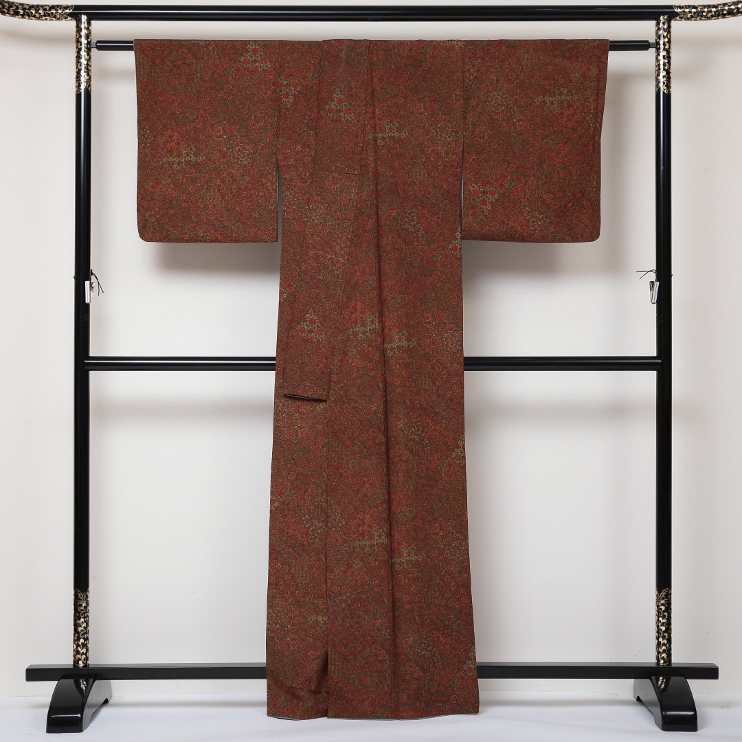 小紋 袷 身丈163cm 裄丈67cm 正絹 Aランク インフォーマル 広衿 Lサイズ 更紗 植物柄 茶系 HP 1221-01604