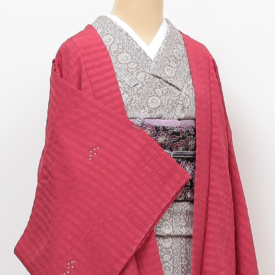 未使用品 羽織 身丈76cm 裄丈61cm S 正絹 縞 しつけ糸 赤系 Sランク 1217-00373