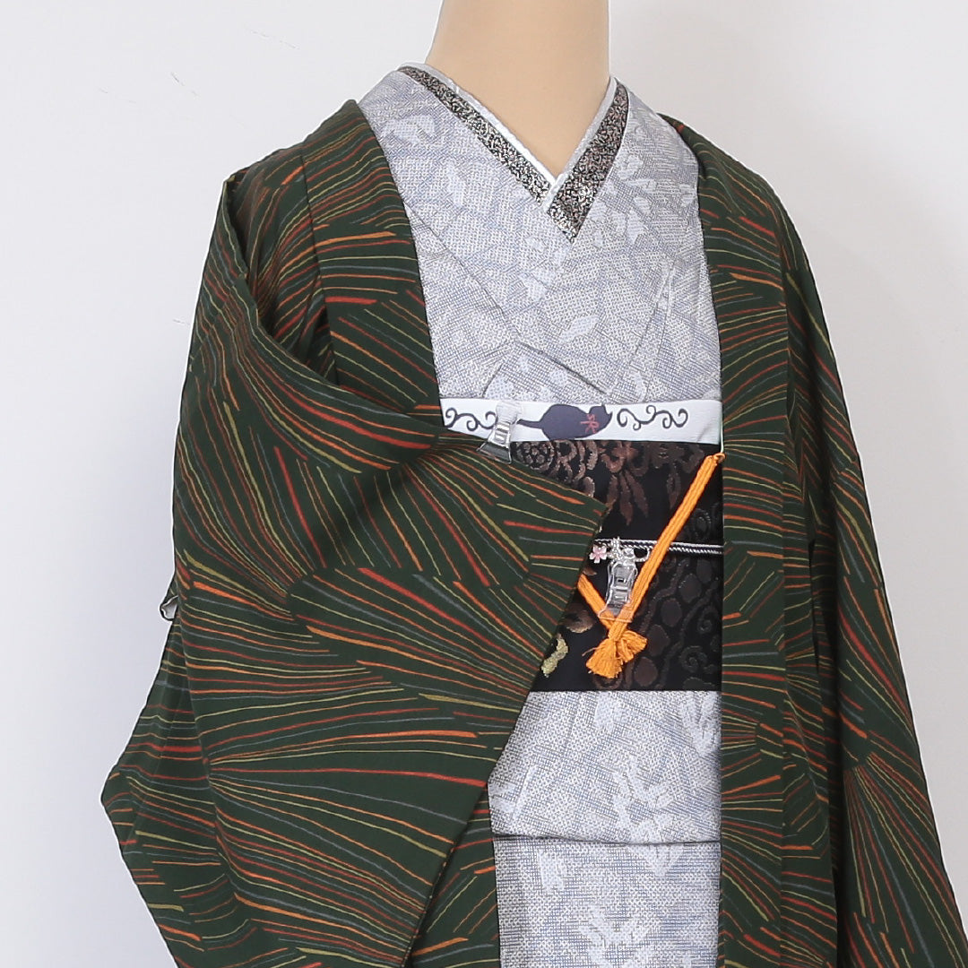 羽織 袷 身丈75cm 裄丈63cm 正絹 Sランク カジュアル Sサイズ 紐あり 幾何学柄 緑系 RP 1232-06048