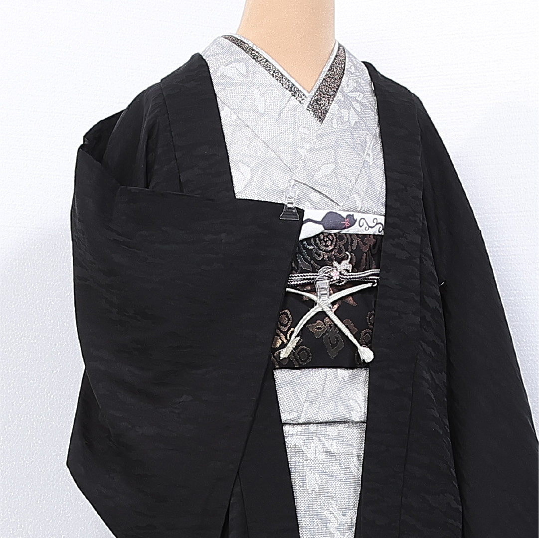 羽織 身丈78cm 裄丈64cm M 正絹 Bランク 袷 黒羽織 紐あり 創作 1217-11165