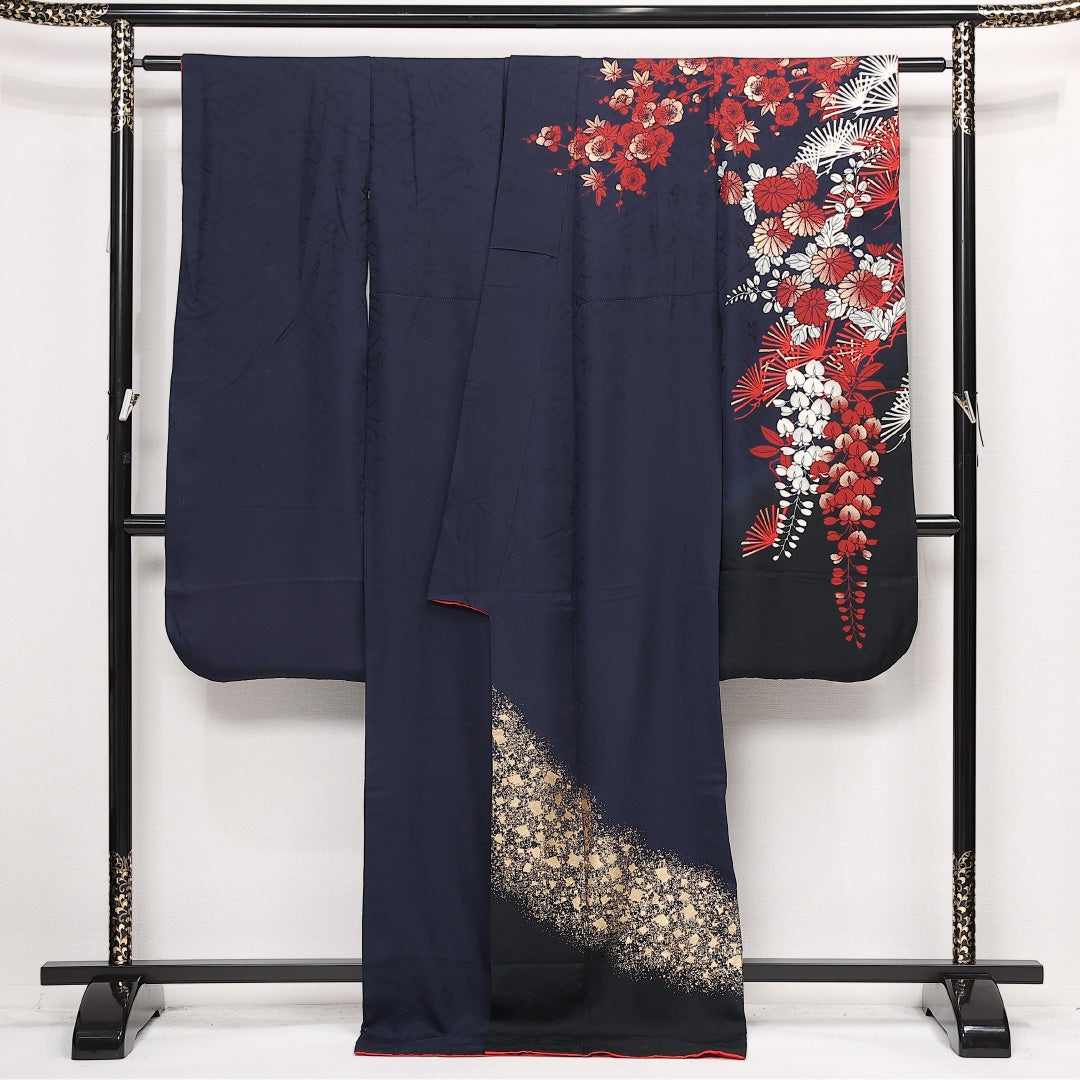 振袖 身丈177cm 裄丈64cm Sランク 正絹 袷 広衿 3XL 金彩 菊 松 フォーマル 華やか モダン 紺系 1213-F0570