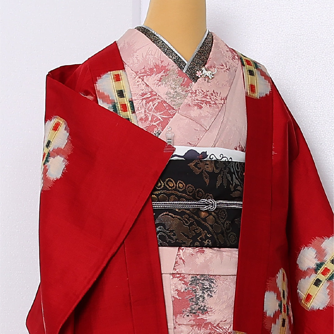 アンティーク 羽織 袷 身丈89cm 裄丈60cm 正絹 Dランク Sサイズ 創作柄 赤系 M4 1232-12918
