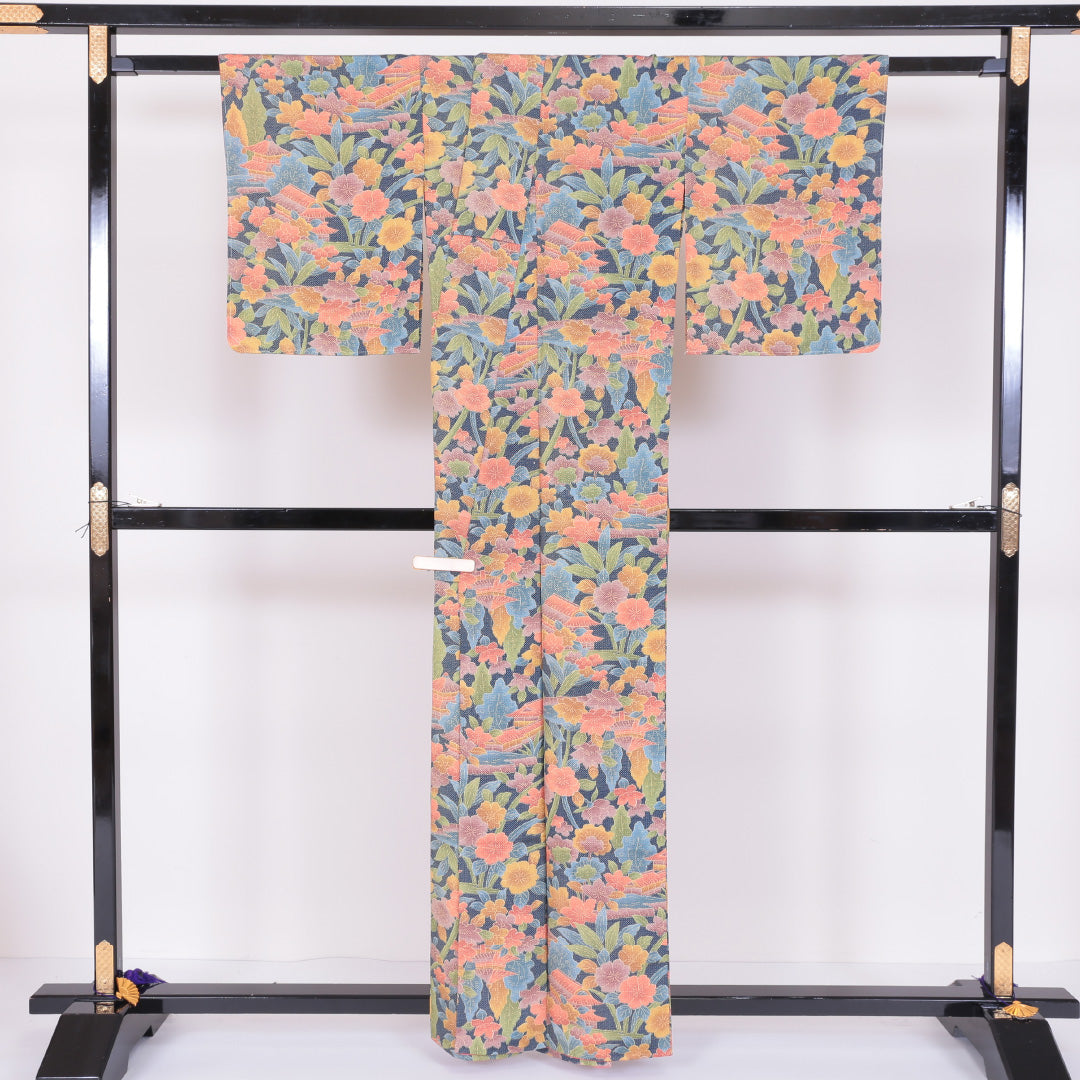 小紋 袷 身丈157cm 裄63cm 紺系 ボタニカル 楼閣 花柄 洗える着物 Sランク 1215-00080-2318