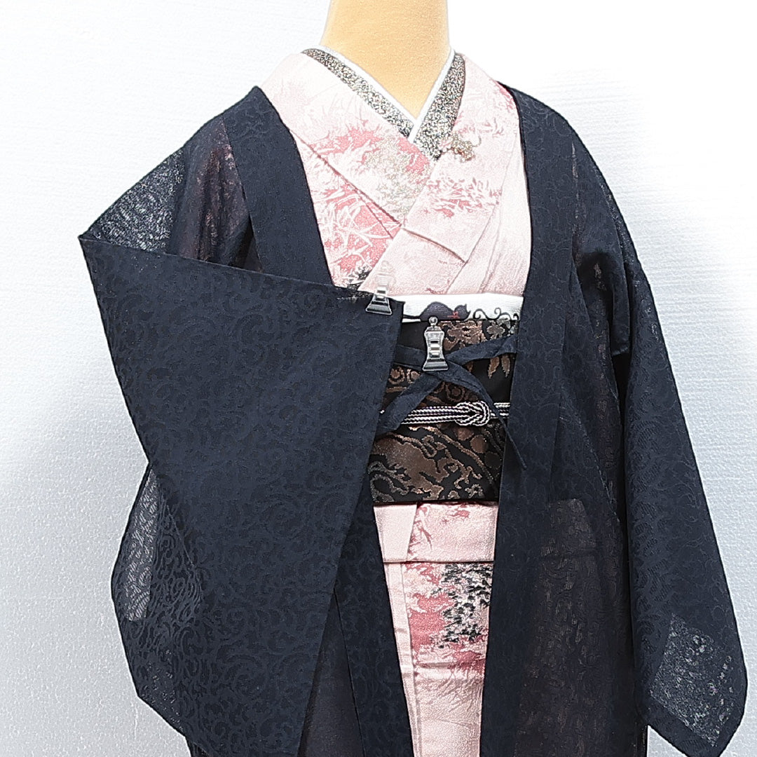 羽織 夏物 夏物 身丈78cm 裄丈64cm 正絹 Sランク Mサイズ カジュアル 紐あり 唐草 紺系 1217-14756