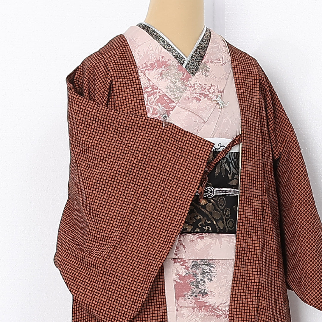 洗える着物 羽織 袷 身丈74cm 裄丈63cm ポリエステル Aランク カジュアル Sサイズ 紐あり 格子 茶系 HP 1232-12522
