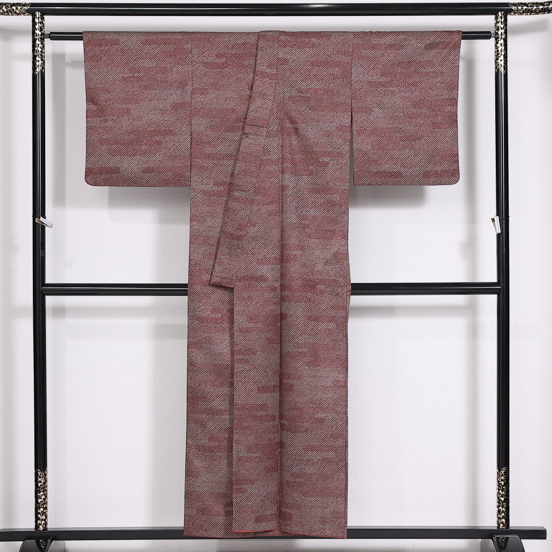 小紋 袷 身丈153cm 裄丈62cm 正絹 Sランク インフォーマル バチ衿 Sサイズ エ霞 赤系 RP 1221-02476