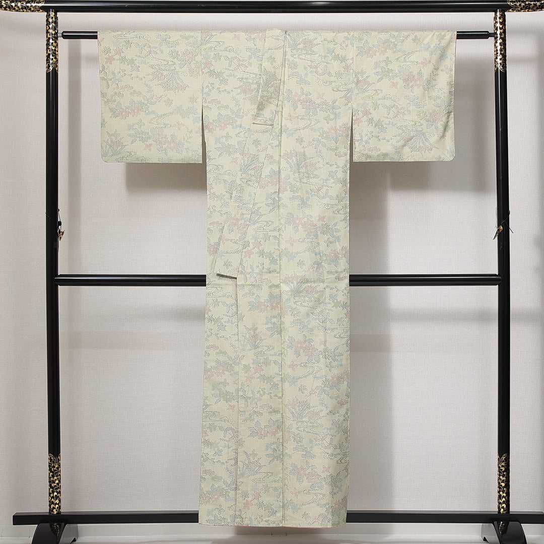 紬 袷 身丈153cm 裄丈60cm 正絹 Sランク カジュアル バチ衿 Sサイズ 椿 紅葉 クリーム系 RP 1223-14934